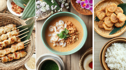 Assorted Indonesian or Thai cuisine collage with traditional dishes and vibrant garnish