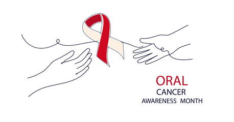 Oral cancer awareness month banner. human face and red ribbon on white background. Hand draw vector flat illustration for banner, poster.