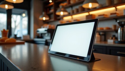 Wide-angle view of restaurant counter with sleek digital menu display and blank glowing screen, coffee machines and fresh pastries in background, professional and trendy interior design with copy spac