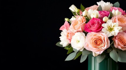 Vibrant bouquet of assorted rose and flower in a green vase against a black background