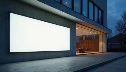 Blank lightbox on building facade with night reflections and lights