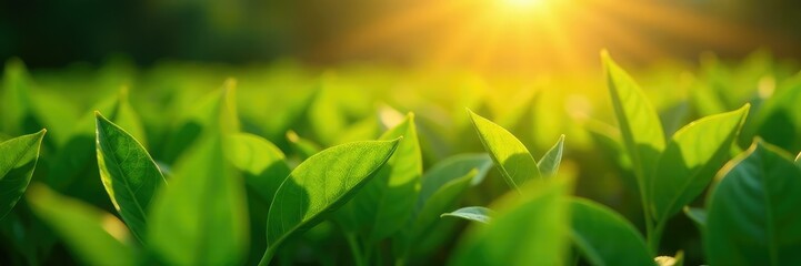 Tea leaves stretch towards sun's radiant beams, sunlight, botanicals