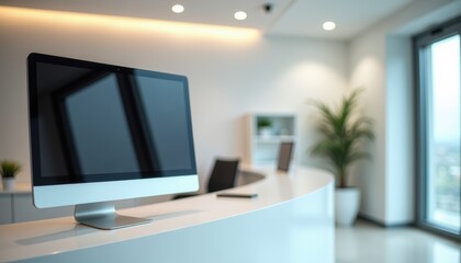Fototapeta premium Empty monitor on white desk in modern dental office reception