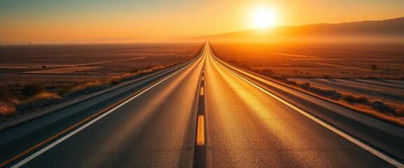 Obraz premium Endless asphalt ribbon vanishing into hazy distance, sun-drenched landscape, solitude, blue