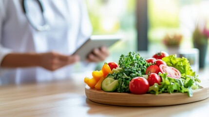 Personalized Nutrition Consultation - Nutritionist Advising Client with Healthy Meal Plan and Balanced Diet Chart on Tablet