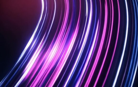 Vibrant flowing curves of purple and blue light on dark background, copy space