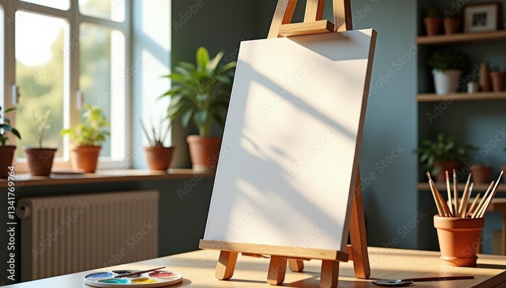 Poster blank canvas on easel in sunlit art studio with painting tools