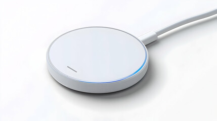 Flatlay of white magnetic wireless charger with USB-C cable

