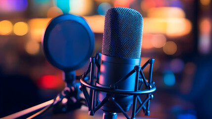 Professional studio microphone with pop filter and colorful background lights
