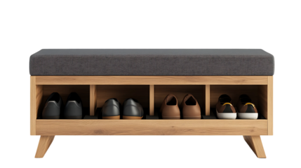 Wooden shoe storage bench with gray cushion and shoes
