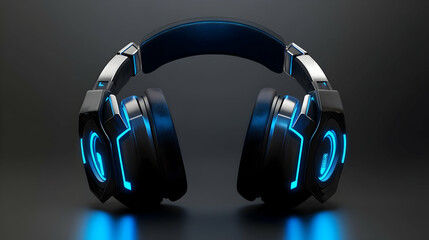 A pair of black gaming headphones with blue glowing accents on a light surface.
