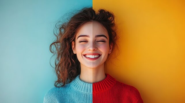 A split screen showing a joyful person on one side and a sad person on the other, contrasting emotional states