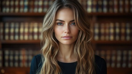 Woman, blonde hair, library, bookshelves, portrait, serious expression, website, banner