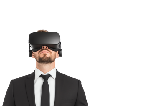 Businessman wearing VR headset, exploring virtual reality experiences in a professional setting.