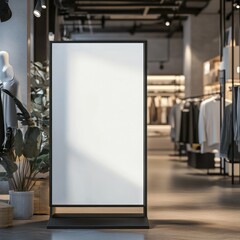 Minimalist store interior featuring a blank display stand amidst clothing racks