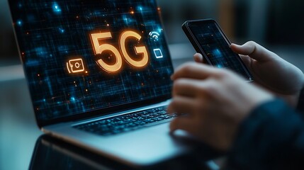 Person using a laptop and smartphone simultaneously, with 5G speed icons overlayed