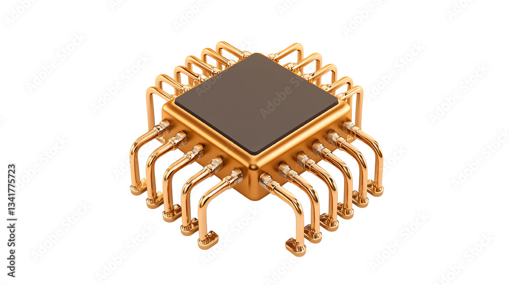 Poster golden microchip on a white isolated background, showcasing intricate circuitry and modern design.