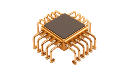 Golden microchip on a white isolated background, showcasing intricate circuitry and modern design.