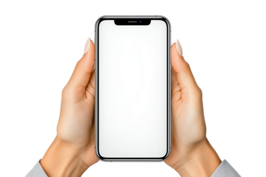 Hands holding a smartphone with a blank screen on a transparent background, showcasing modern mobile technology.