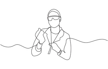 Continuous one line drawing of female scientist researching antibiotic formula using microscope, Single line art illustration of scientist and laboratory equipment Set. Editable vector.