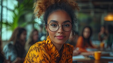 Confident woman in glasses at cafe, colleagues blurred background, professional portrait, website use