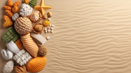 A Captivating Collection of Stylized Seas and Starfish Arranged on Sandy Surface with Elegant Wavy Patterns and Ample Space on Right Side