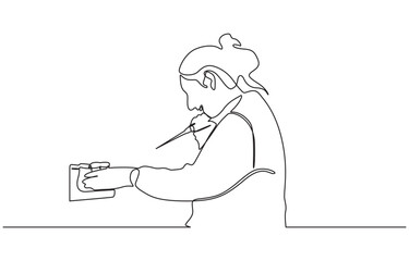 continuous single drawn one line female scientist with a microscope hand-drawn picture, One continuous line drawing of scientist do research in the laboratory with white background.