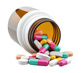 Open brown prescription bottle with colorful capsules transparent image. Pharmaceuticals isolated cutout 3d render. Medical treatment container cut out clipart design element png