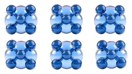 Six identical blue molecular structures clusters transparent image set. Scientific chemical modeling isolated cutouts 3d render. Spheres cut outs cliparts design elements png collection