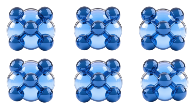 Six identical blue molecular structures clusters transparent image set. Scientific chemical modeling isolated cutouts 3d render. Spheres cut outs cliparts design elements png collection