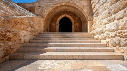Naklejka premium Church holy sepulchre city worship. Stone steps leading to an arched entrance in an ancient structure.