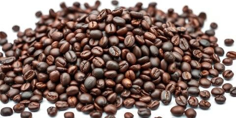 Naklejka premium A rich mound of dark roasted coffee beans, isolated on white, organic, coffee break