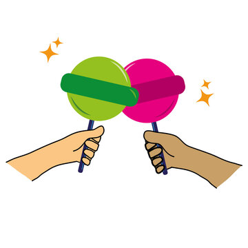 dos manos haciendo brindis con paletas/chupetes de color verde y rosa por amistad. Estrellas a los lados, con fondo transparente, png