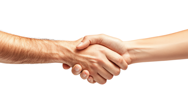 Two hands shaking in agreement, symbolizing partnership and collaboration, isolated on a white background.