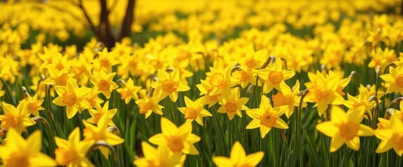 Obraz premium Sunlit field of vibrant yellow daffodils blooming in spring, blooming, springtime