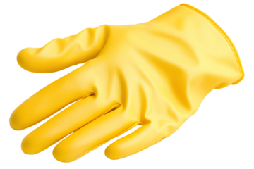 Yellow rubber glove on a white isolated background, ideal for cleaning or household tasks.