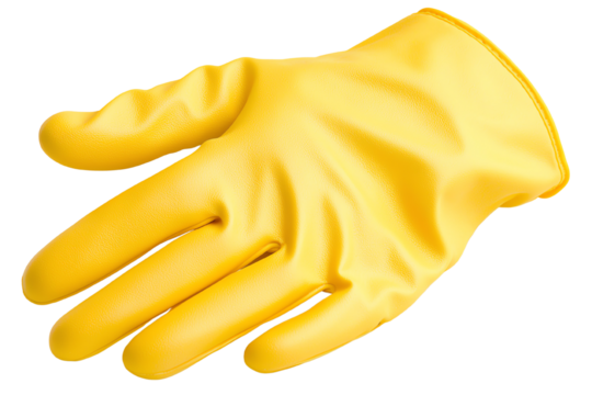 Yellow rubber glove on a white isolated background, ideal for cleaning or household tasks.