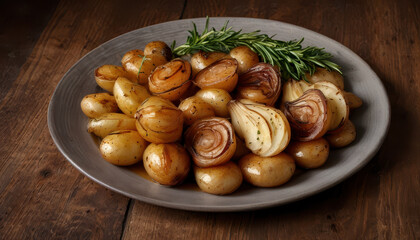 Rustic boiled onions and potatoes with fresh rosemary on wooden table