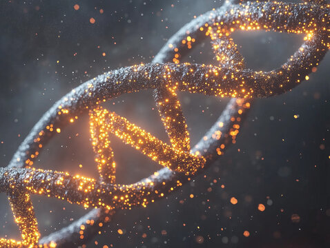 DNA double helix with glowing particles and scientific data overlay - Powered by Adobe