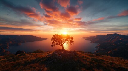 A Tranquil Sunset Over Calm Waters with a Lone Tree Silhouette Framed by Majestic Mountains in the Background Creating a Serene Atmosphere