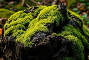 Lush green moss thriving on decaying tree stump, flora, pattern