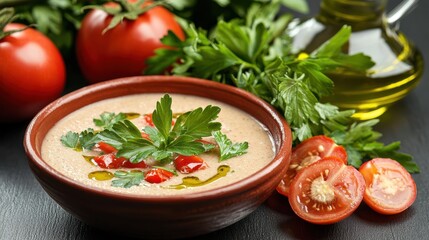 Delicious Bowl of Tomato Soup with Fresh Parsley Garnish for Comfort