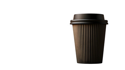 A black ribbed paper cup with a black lid on a white background.
