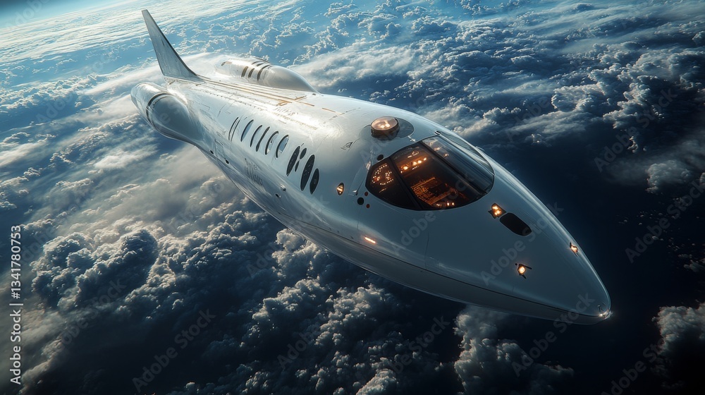Poster A sleek spaceplane ascends through the clouds, showcasing cutting edge aerospace engineering and hypersonic propulsion systems in a remarkable display of innovation and spaceflight.