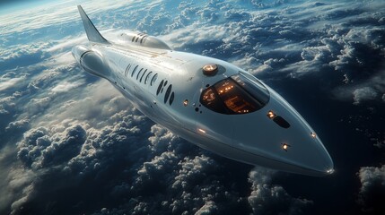 Fototapeta premium A sleek spaceplane ascends through the clouds, showcasing cutting edge aerospace engineering and hypersonic propulsion systems in a remarkable display of innovation and spaceflight.