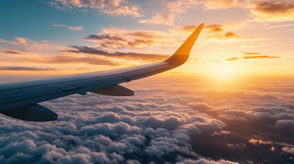 Obraz premium Aerial View of Airplane Wing Gliding Over Fluffy White Clouds Under a Warm Vibrant Sunset Creating a Breathtaking Scene of Sky and Nature Beauty