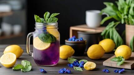 Refreshing Jar of Lemonade Surrounded by Fresh Lemons and Blue Flowers