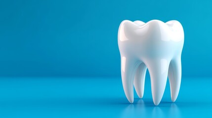 Glossy white tooth model on a vibrant blue background, symbolizing dental health and hygiene