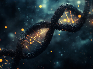 DNA double helix with glowing particles and scientific data overlay