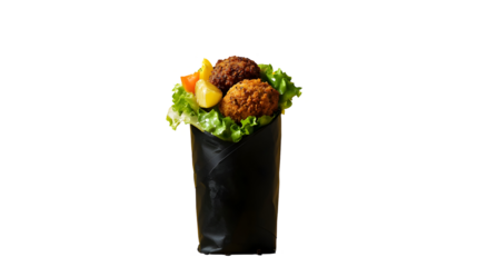A modern black cone-shaped container filled with crispy chicken, fresh vegetables, and greens, perfect for on-the-go eating.
